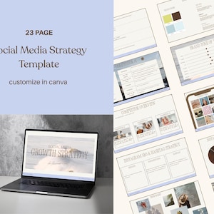 May include: A 23-page social media strategy template designed for customization in Canva, featuring a laptop displaying a social media growth strategy slide and multiple document pages with sections for competitor analysis, brand tone, and Instagram strategy.