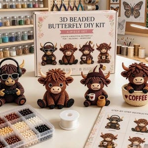 May include: A 3D beaded highland cow DIY kit featuring a box labeled 3D BEADED BUTTERFLY DIY KIT, four finished beaded highland cow figurines, a plastic organizer with assorted brown, white, and black beads, a spool of white thread, and instructions.