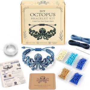 May include: A DIY octopus bracelet kit featuring a cardboard box labeled DIY OCTOPUS BRACELET KIT, a finished blue octopus bracelet, clear string, blue and black cords, a needle, five small bags of assorted beads, and an instruction sheet.