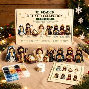 Peut inclure: Un ensemble de 8 pièces de crèche en perles 3D comprenant une boîte avec du texte, huit figurines en perles finies, un récipient en plastique avec des perles de couleurs assorties, une bobine de fil blanc et une fiche d'instructions illustrée.