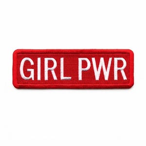 GIRL PWR Embroidered Patch | Red Rectangular Apparel Girl Power IronOn/Velcro Patch | Feminist Slogan Badge | Cool DIY Apparel Accessory