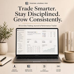 May include: A laptop displaying the Trading Journal Pro interface, featuring performance analytics, trade logs, and a dashboard. The screen shows text including Trade Smarter, Stay Disciplined, Grow Consistently, and All-in-One Trading Journal & Performance Tracker.