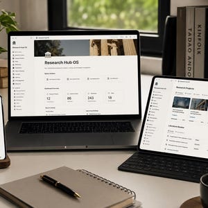 May include: A laptop, a tablet with a keyboard, and a smartphone displaying the Research Hub OS interface. The screens show project dashboards, research metrics, and literature reviews. A notebook, a pen, and a black mug are also present.