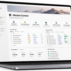 Pode incluir: Uma tela de laptop exibindo um espaço de trabalho Notion intitulado Mission Control. A interface apresenta uma barra lateral, um banner superior com uma imagem de montanha e widgets de painel com tarefas e métricas-chave com dados.