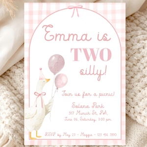 May include: A rectangular birthday invitation card with a light pink gingham border and an arched frame. It features a white goose wearing a pink party hat and bow, holding two pink balloons. Text reads: Emma is TWO silly! Join us for a picnic, Solana Park, 917 Munich St, PA, June 06, Saturday, 3:00 pm, RSVP by May 23 - Maggie - 123 456 7890.