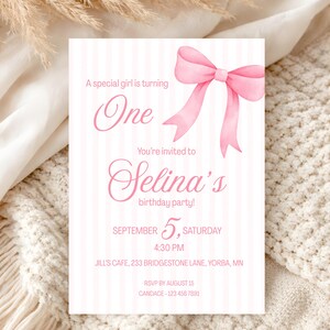 Pink Bow Birthday Invitation Template, 1st Birthday Invite, Coquette Invite Download Canva, First Bday Party Invite