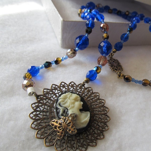 Antique Brass Pendant, Lady's Necklace, Resin Cameo, Antique Brass Filigree, Cobalt Blue, Browns, Peach Beads, 22" long, Great Gift