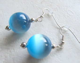 Cats Eye Round  Earrings,  ten mm  Blue, French Hooks