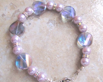 Lavender Lady's Bracelet, Great Gift,  Lavender Crystals and  Swarovski Pearls,  Pearl Bracelet,  Lady,s  Crystal Bracelet