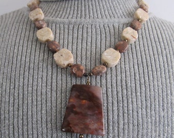 Polished Stone Necklace, Jasper Necklace 20",  Pendant 1.5" Long,  Lady's Necklace,