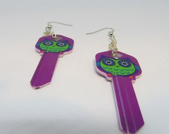 Key Earrings, Lady's Key Earrings, Lady's Earrings, Owl Earrings, Dangle  Owl Earrings, Lady's Dangle Earrings, Handmade, Magenta Color, Owl