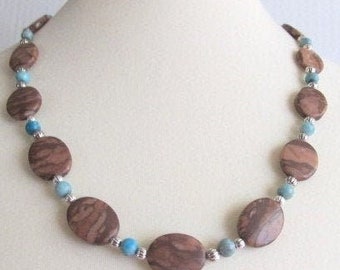 Unisex Necklace, Two pc., Natural  Jasper Stones, Browns and Tans, Turquoise Color Beads, 19" long, Great Gift for a Gentleman or Lady