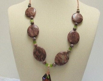 Stone Necklace, Handmade Necklace, Brown and Copper, Green and Blue Pendant,24 Inches