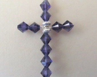 Crystal Swarovski Cross, Deep  Purple, Emerald,  Easter Cross,  (1.25" x 1.75")   Silver Plate,  Lady's Cross Pendant, Handmade, Book Mark