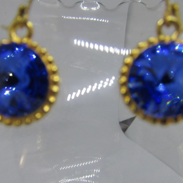 Blue Sapphire Earrings, Sept. Birthstone,  Lady's Earrings, Swarovski Crystal, Gold Plate, Lever Backs, French Hook, Kidney Wire, Nonpierced
