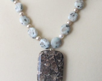 Dalmation Jasper Necklace, Blue/Gray w/Dark Spots  Swarovski Pearls,  Lady's Handmade Necklace, 20",  Pendant 1.5",  Silverplate Lobsterclaw