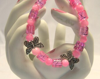 Child's Stretch Bracelet, Pink Beads, Silver Plate Butterflies, Handmade