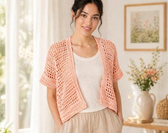 Boho-Häkel-Strickjacke aus Netzgewebe (PDF) – Leichter Sommerpullover mit V-Ausschnitt, Größen XS bis 5XL, Sofort-Download