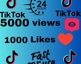 TikTok-tillväxtfrämjande tjänst, 5000 visningar och 1000 gilla-markeringar. Marknadsföring i sociala medier, viral videoökning, ökat engagemang, innehållsexponering.