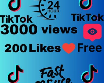 TikTok-tillväxtfrämjande tjänst, 3000 visningar och 200 gilla-markeringar. Marknadsföring i sociala medier, viral videoökning, ökat engagemang, innehållsexponering.