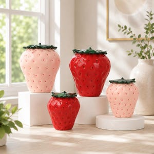 Handmade Ceramic Strawberry Jar with Lid,Cottagecore Kitchen Decor,Mystery Jewelry Jar,Boho Home,Uniuqe Summer Table,Farmhouse Garden Charm