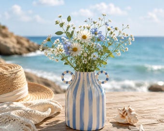 Jarrón de cerámica personalizado grabado a rayas con asas, jarrón de flores estilo bohemio, mesa de granja, decoración floral para el hogar estilo cottagecore, nuevo hogar, aniversario