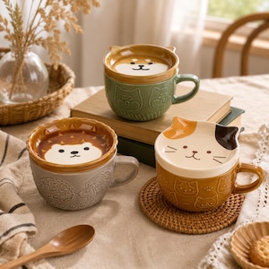 Peut inclure: Trois tasses en céramique avec couvercles assortis, chacune présentant un motif animalier différent. Une tasse est verte avec un couvercle Shiba Inu, une est grise avec un couvercle hérisson, et une est brune avec un couvercle chat calico.