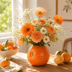 May include: A round orange-textured ceramic vase filled with a vibrant floral arrangement of peach-coloured poppies, orange gerbera daisies, carnations, and small white filler flowers, accompanied by several fresh oranges on a wooden surface.
