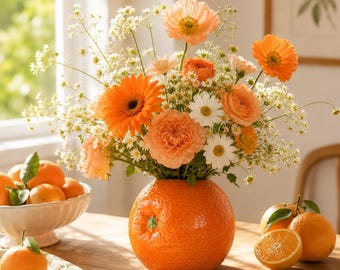 Jarrón de cerámica hecho a mano con forma de naranja, jarrón decorativo con forma de fresa, jarrón de frutas adorable, decoración rústica para el hogar, habitación bohemia, centro de mesa acogedor de estilo granja.