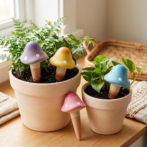 Op de afbeelding: Vier paddestoelvormige plantenstekers met gladde, ronde hoeden in paars, geel, roze en blauw, elk voorzien van kleine witte stippen. De stekers hebben lichtbruine, taps toelopende stelen en zitten in twee terracotta-kleurige bloempotten.