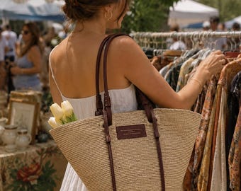 Handwoven natural raffia tote bag with double-handle leather trim, summer straw beach bag