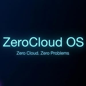 Könnte beinhalten: Eine digitale Grafik mit dem Text ZeroCloud OS und dem Slogan Zero Cloud, Zero Problems in Hellblau. Links verbindet ein Netzwerk aus dünnen grünen Linien leuchtende violette geometrische Knoten vor einem einfarbigen schwarzen Hintergrund.