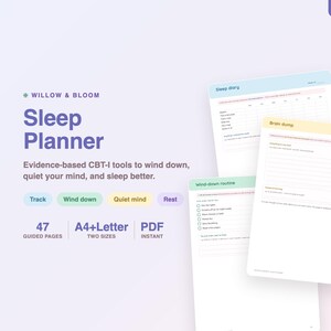 Puede incluir: Un planificador de sueño digital con 47 páginas guiadas en tamaños A4 y Carta. El documento incluye secciones tituladas Sleep diary, Brain dump y Wind-down routine con casillas de verificación y líneas para registrar hábitos y rutinas.