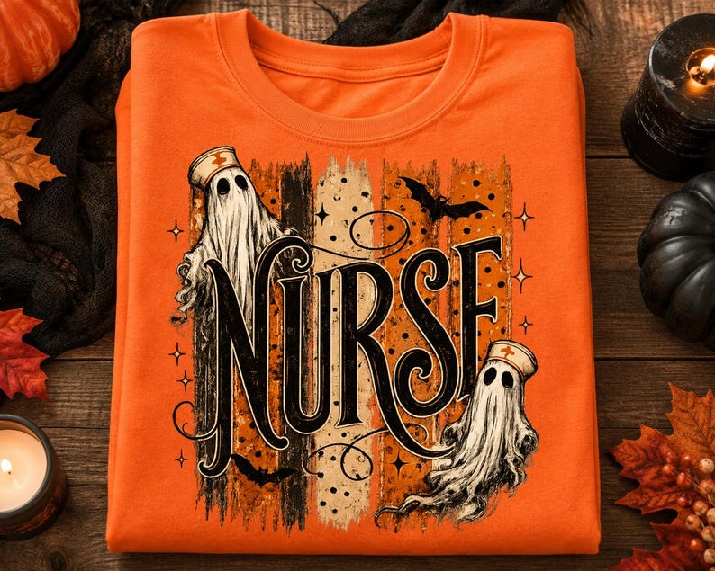 May include: An orange crewneck sweatshirt featuring a graphic print with the word NURSE in large black lettering. Two white ghosts wearing nurse caps are positioned around the text, accompanied by black bats and small star accents.