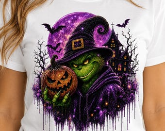 Witch Grinch Halloween PNG, Spooky Pumpkin Clipart, Glitter Sublimation Design Png (Digital Download)