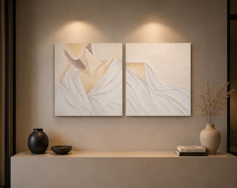 Original Oil Painting Diptych, Minimalist Neutral Figure Artwork, Stretched Canvas Set