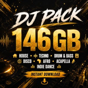 May include: A digital DJ pack graphic featuring the text DJ PACK 146GB in bold gold lettering. The design includes icons and labels for House, Techno, Drum & Bass, Disco, Afro, Acapella, and Indie Dance, with an Instant Download button at the bottom.