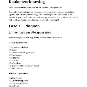 May include: A printed checklist titled Checklist Elektra bij een Keukenverbouwing, which translates to Electrical Checklist for a Kitchen Renovation. The document outlines planning phases for large and small kitchen appliances with checkboxes.