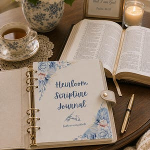 May include: A beige six-ring binder journal with a floral cover featuring the text Heirloom Scripture Journal and Faith in every stroke. The journal is open, revealing a white page with blue and gold floral illustrations and a gold pen nearby.