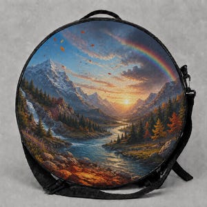 May include: A round black backpack featuring a printed landscape scene of a river flowing through a valley between snow-capped mountains. The image displays a sunset, a rainbow, evergreen trees, and autumn foliage with a waterfall on the left side.