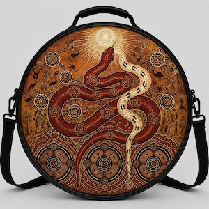 Pode incluir: Uma mala tiracolo redonda com um design de pontos em castanho e creme de uma cobra enrolada sob um sol. A arte inclui silhuetas de cangurus, emus e figuras humanas, com círculos concêntricos e pegadas integradas no padrão.