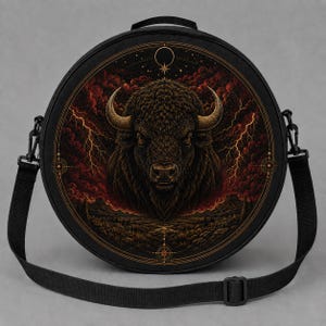 May include: A round black crossbody bag featuring a detailed illustration of a bison head centred within a circular frame. The artwork includes dark red clouds, lightning bolts, and geometric line accents. The bag has a black adjustable strap.