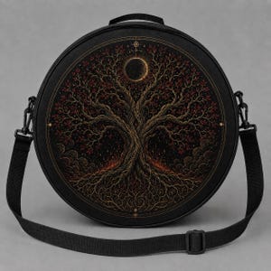Puede incluir: Un bolso bandolera redondo de color negro con un estampado gráfico detallado de un árbol extendido con hojas de color rojo oscuro y raíces visibles. Sobre el árbol, una luna creciente brilla en un cielo estrellado. Correa negra ajustable.