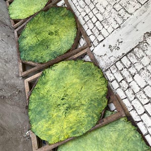 May include: Four circular, textured green panels are secured within individual square wooden frames. Each panel features a vibrant, mottled surface with varying shades of lime and forest green, displaying a rough, organic finish across the flat circular discs.