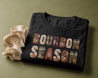 Estampado Bourbon Season DTF, letras otoñales de imitación de punto con patos ánade real.