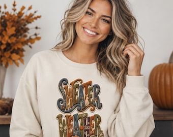 Sweter dzianinowy z dynią, jeleniem Bambi, liśćmi, grzybami o trójwymiarowym wyglądzie, w kolorze oliwkowo-niebieskim i jasnobrązowym w kolorze cappuccino