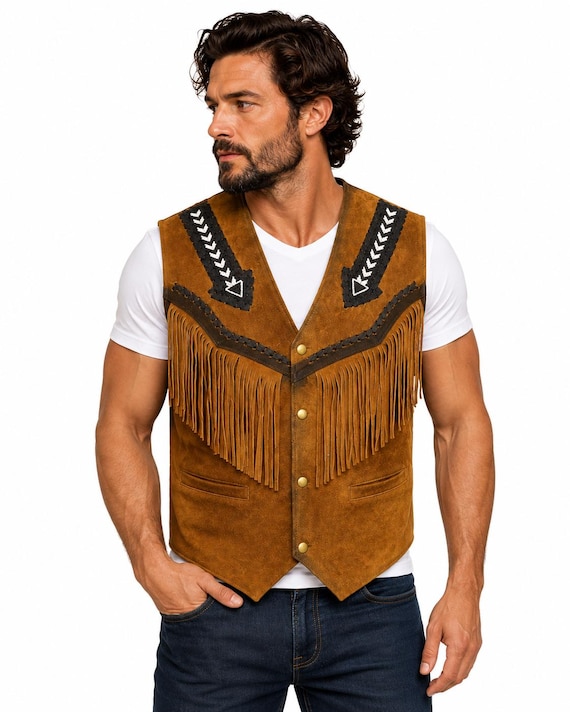 Men American Western Wear Cowboy Vest Black soft Leather Fringe Beaded