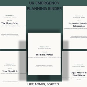 May include: A UK Emergency Planning Binder set featuring five white document pages with black text. Titles include The Money Map, Personal & Household Information, The First 30 Days, Your Digital Life, and Legal Matters & Final Wishes, all labeled as The Grown-Up Kit.