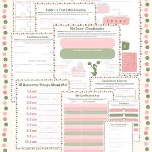 May include: A printable worksheet set titled Perfect Pieces Resources featuring sections like Pieces of Me, Confidence Experiment, Evidence That I Am Growing, My Inner Cheerleader, Confidence Clues, 10 Awesome Things About Me, and My Confidence Key.