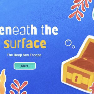 Può includere: Una grafica digitale con sfondo blu testurizzato, il testo Beneath the surface The Deep Sea Escape e un pulsante Start. Un forziere marrone aperto si trova vicino a coralli colorati, alghe, una stella marina rossa e una stella marina blu.